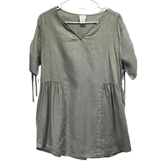 Sigrid Olsen Tops - Sigrid Olsen Sage Green Lagenlook Linen Short Sleeve V Neck Tunic Blouse Small